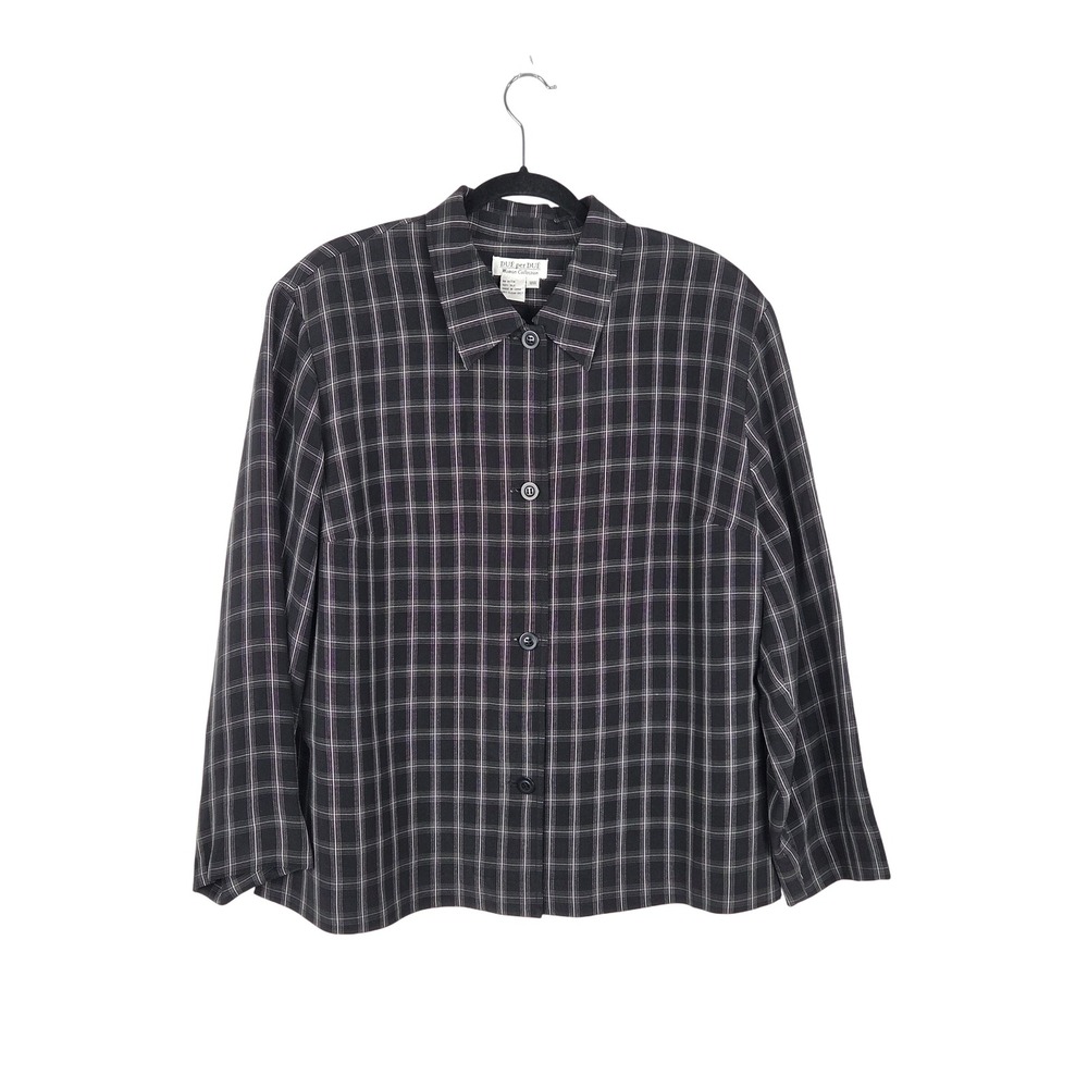 DUE per DUE Woman Black White‎ Silk Plaid Grid Button Down Blouse Top Size 18W